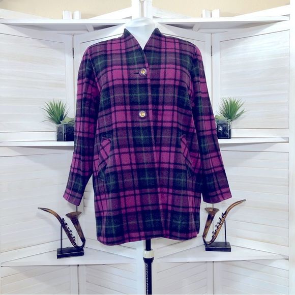 Vintage Jackets & Blazers - Vintage 90s Emily in Paris style dark magenta plaid pea coat sz XL